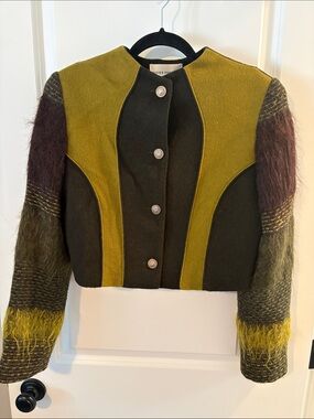 PARAKIAN French designer Structured Cropped wooly Blazer in Olive & Mustard